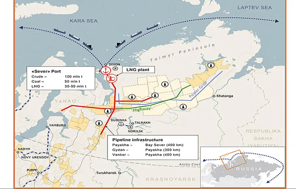 Map of the Vostok Oil project: fields, pipeline network and the Sever export terminal on the Taimyr Peninsula